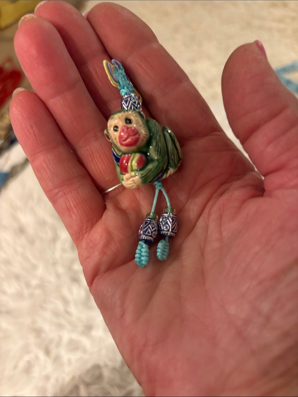Cute Green Ceramic Monkey Charm with Turquoise Cord